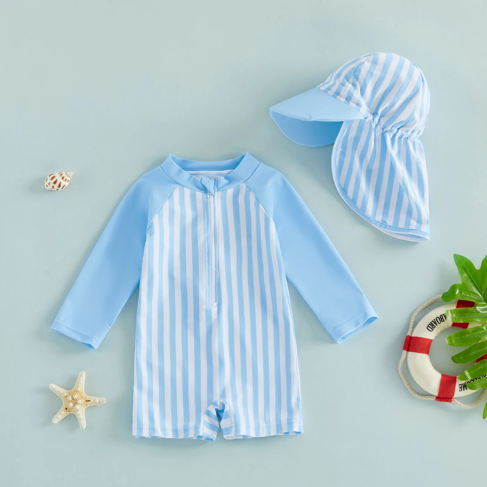 Tregren 0-24M Infant Baby Boys Rash Guard Swimsuit Playsuits Stripe Print Long Sleeve Toddler Swimwear Bathing Suit with Sun Hat