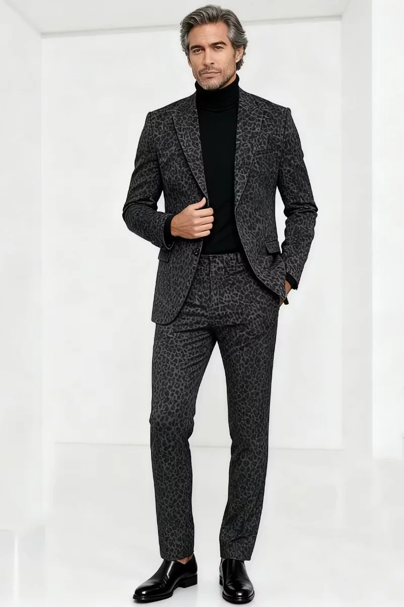 Modern Leopard Print Wedding Suits For Groom Wear Peaked Lapel Tuxedos 2 Pcs Jacket Pants Party Prom Customized