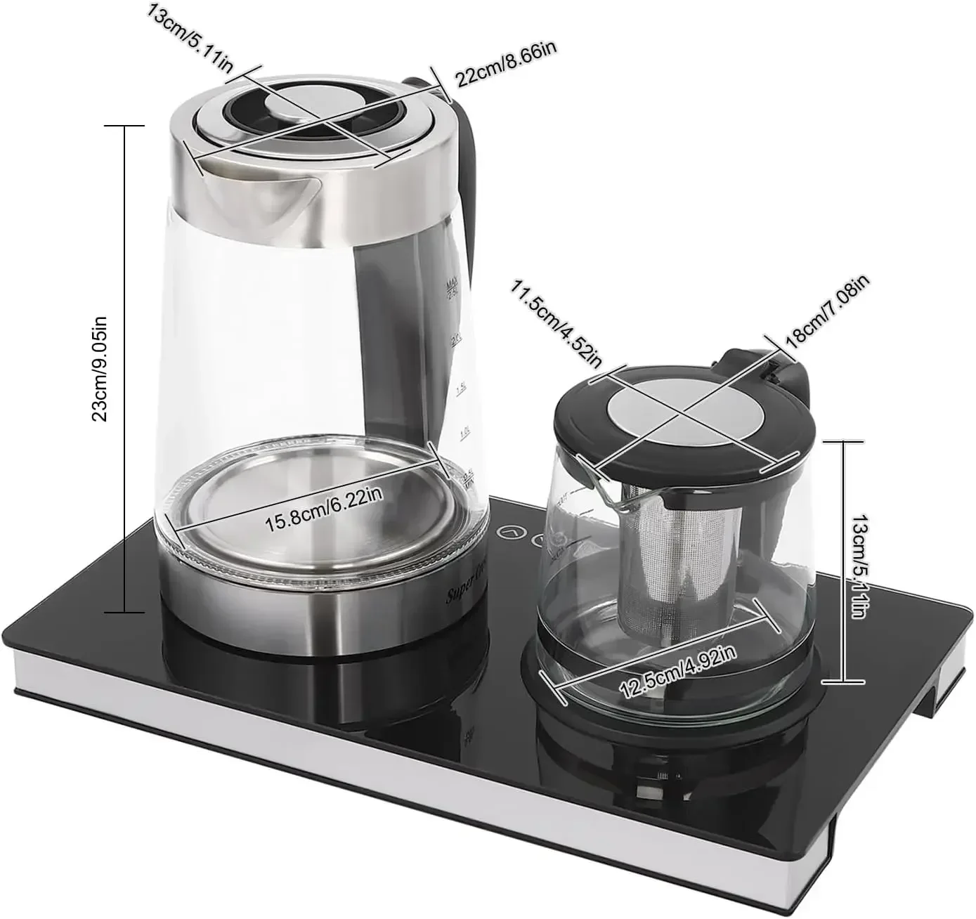 2,5 L + 1 L Glas-Teebereiter, 1,8KW Wasserkocher mit Temperatureinstellung, Glas-Wasserkocher mit LCD-Display und Sensor-Touch-Bedienfeld