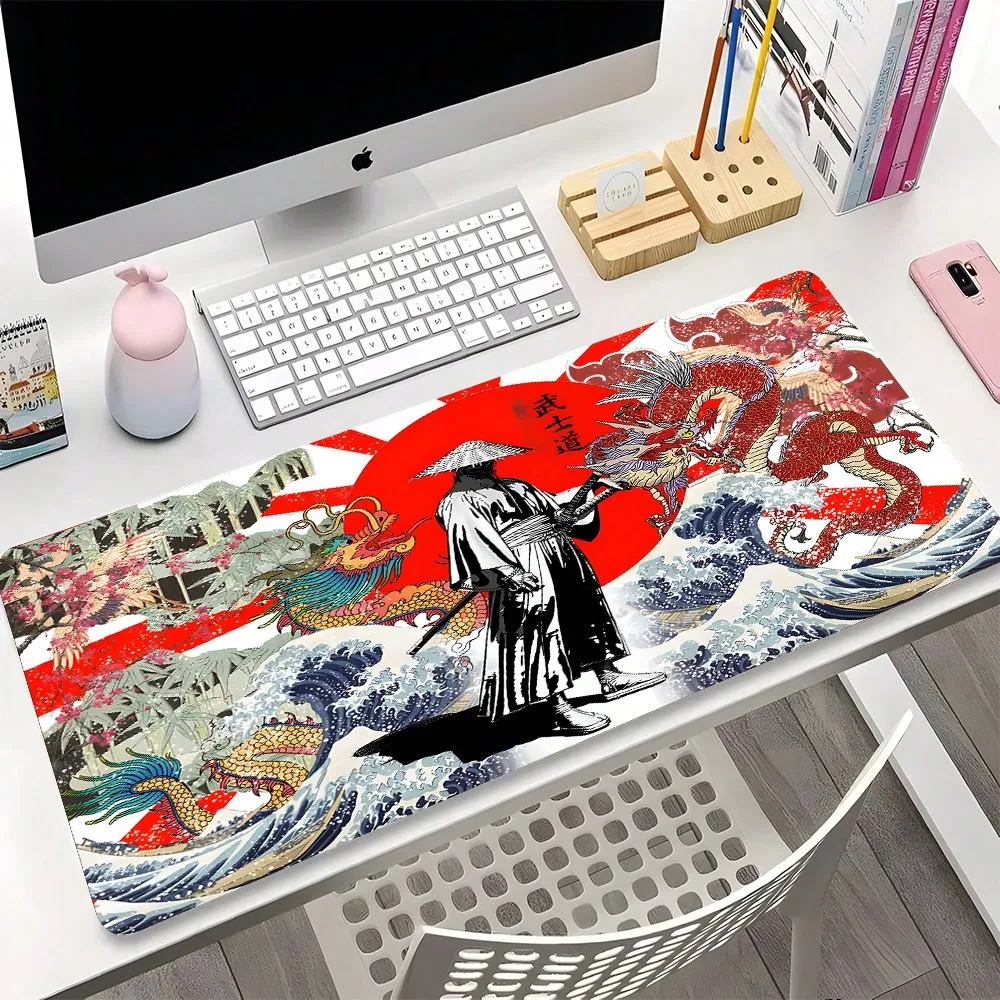 1pc Red Sun Wave Samurai Dragon Mouse Pad, Japanese Ukiyo-E Style Art Large Office Mouse Pad - Extra Long Red Sun Sea Wave Colorful Dragon Bamboo Hat Samurai