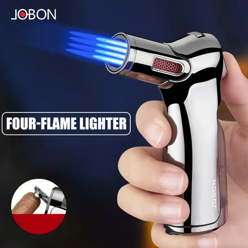 JOBON 4 Flame Cigar Turbo Lighter Bottom Cigar Rigger Design Security Latch Transparent Gas Window Strong Windproof Flame Tool