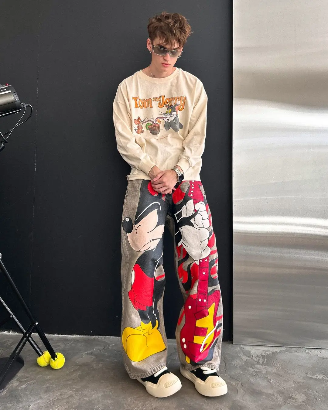 Harajuku Rockstar Mouse Graphic Wide Leg Jean Fashion Y2k Style Streetwear Denim męskie dżinsy pary spodnie z wysokim stanem