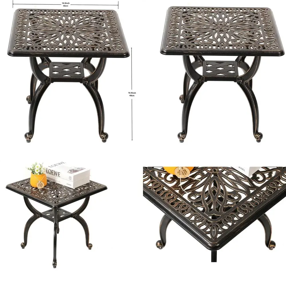 

Aluminum Outdoor Side Table with Ornate Copper Floral Pattern - Square Shape