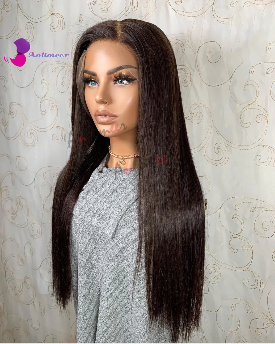 Darkest Brown Human Hair Wigs for Black Women Colored Pure 2# Colored Long Straight Left Side Part Wigs for Women