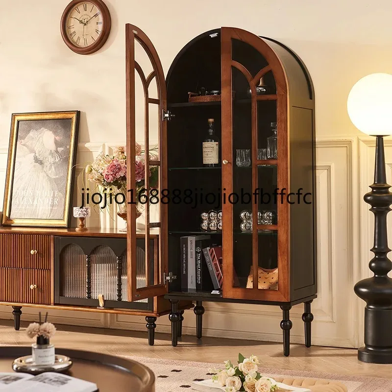 Suitable for French retro solid wood wine cabinet household living room arched integrated display cabinet