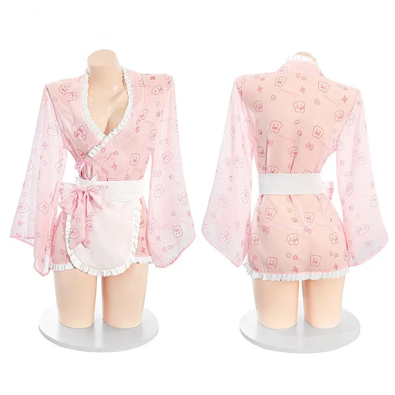 

Cute Rabbit Printed Kimono Uniform Cosplay Costume Women Sexy Underwear Japanese Girl Role Play Outfits Lingerie Nightwear