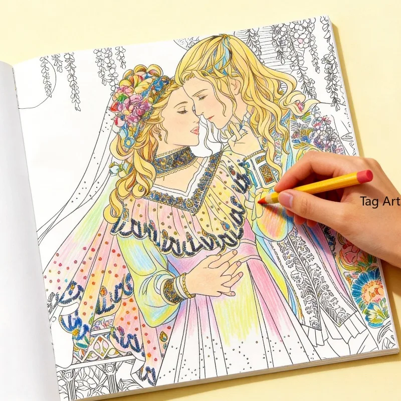 A European Style Retro Court Beauty Coloring Copy Book, with Aristocratic Girls, Floral Long Hair, and Character Themes 24 Pages