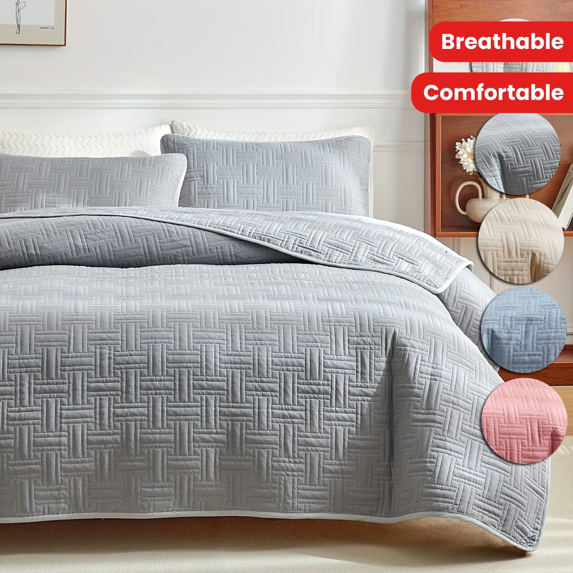 Solid Color Quilted Bedspread Set Soft Breathable Comfortable Bedroom Decor Includes Quilt Coverlet & Shams