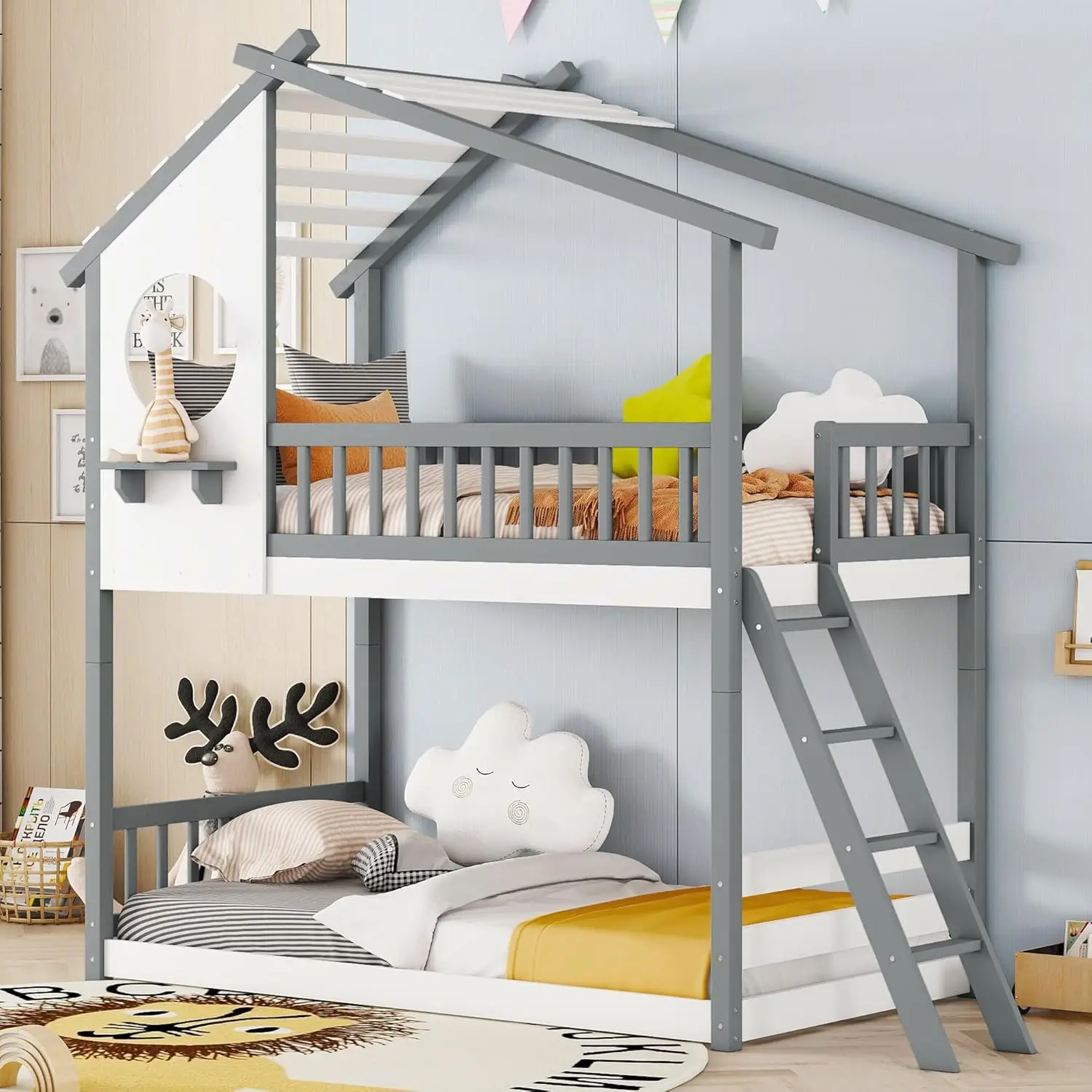 

Wood Bunk Bed With Roof And Window For Kids, Twin Over Twin Toddler House Bed For Boys Girls, Grey