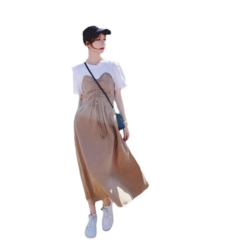 Faux deux pièces pour femmes, T-shirt à bretelles Dr, couture, taille haute, jupe trapèze, douce, couleur Pure, printemps été, coton