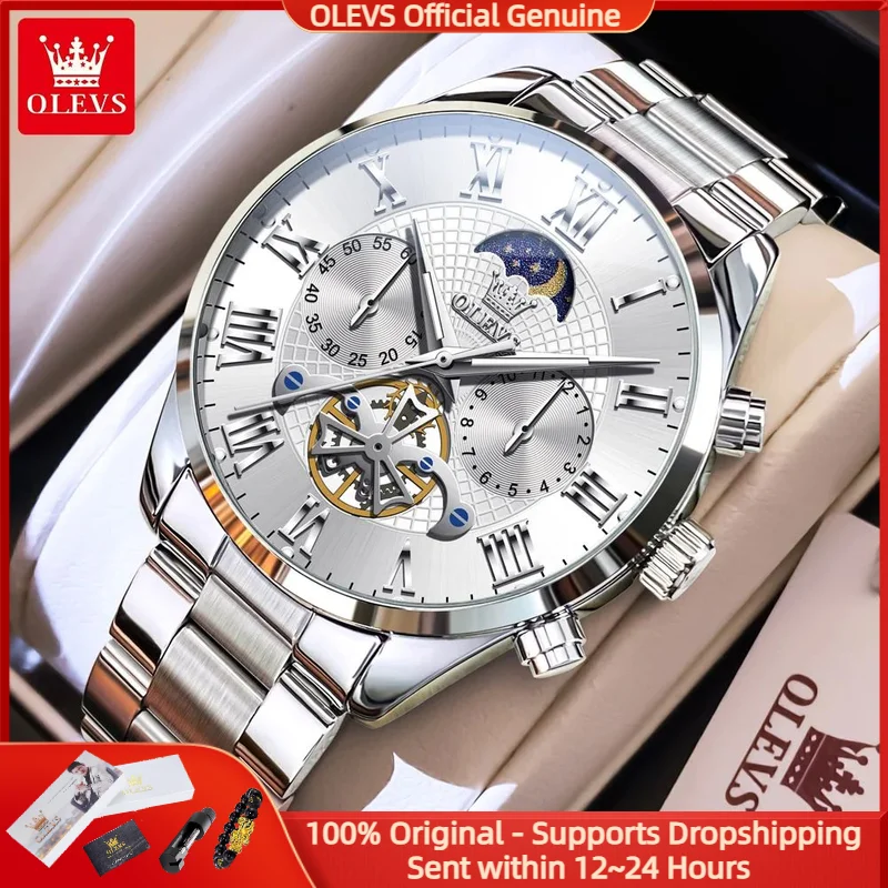 

OLEVS 3640, мужские часы, модные деловые водонепроницаемые часы с фазой Луны, римская шкала, хронограф из нержавеющей стали, люксовый бренд, кварцевые часы