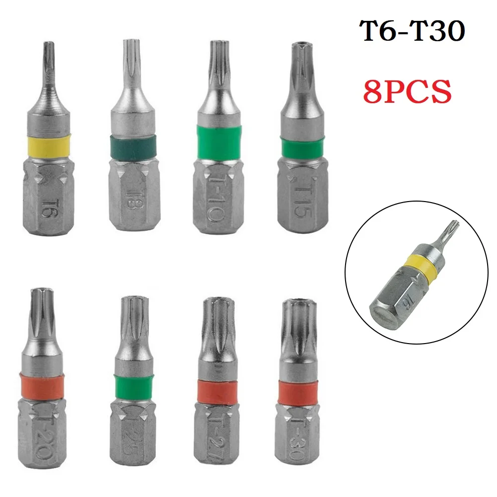 8pcs 25mm Trox Screwdriver Bit Set 1/4'' Hex Shank Magnetic T6-T40 Hex Head Screw Driver Bit Spanner Square Head ScrewDriver