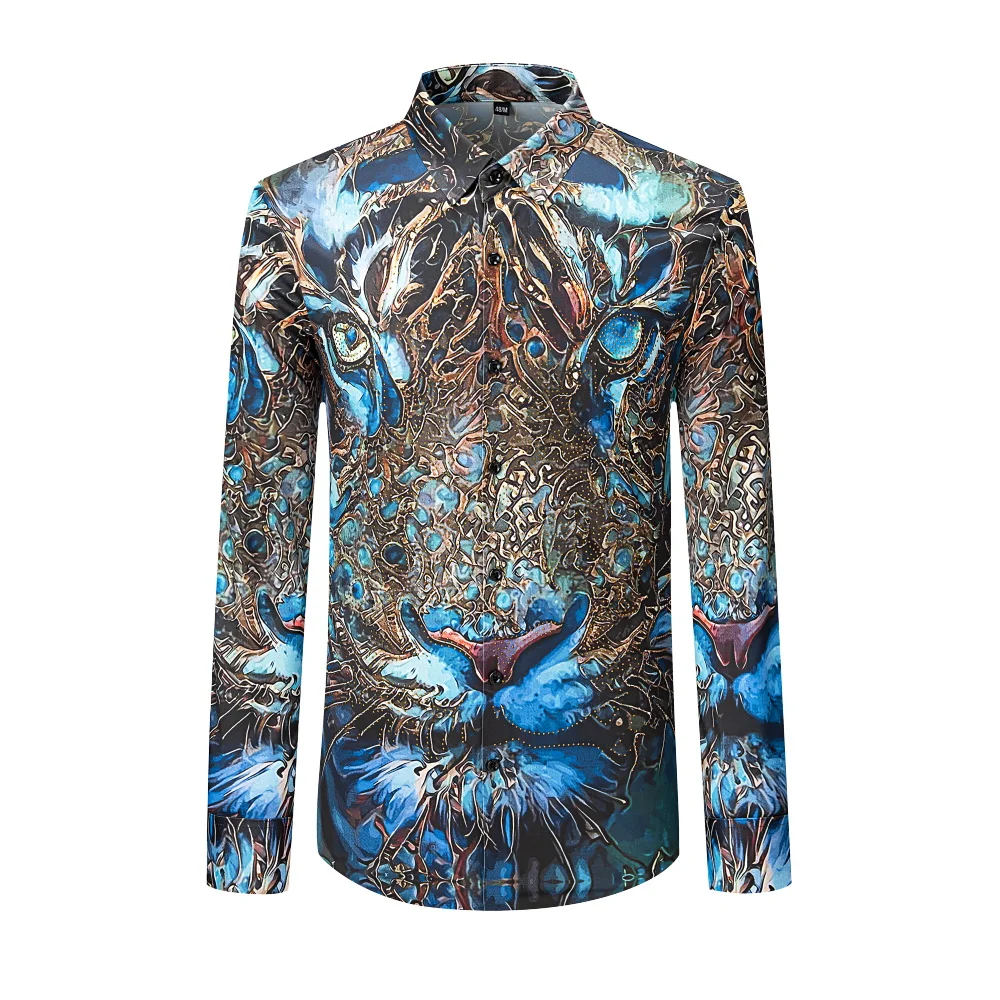 Luxury 3D Printed Rhinestone Shirt for Men Long Sleeved Casual Shirt Business Social Street Wear Nightclub Party Men's Clothing