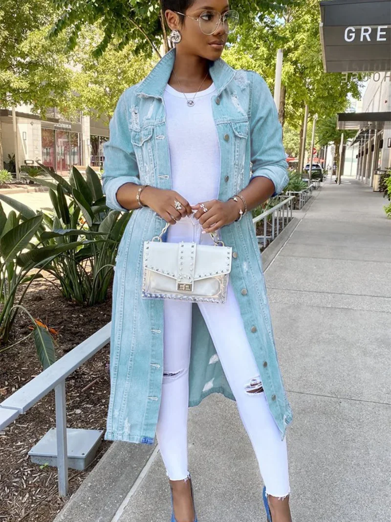 2023 Fashion Trend Elegant Solid Color Long-sleeved Slim X-L Long Denim Jacket Windbreaker 2023 New Spring Women's Jeans Jacket