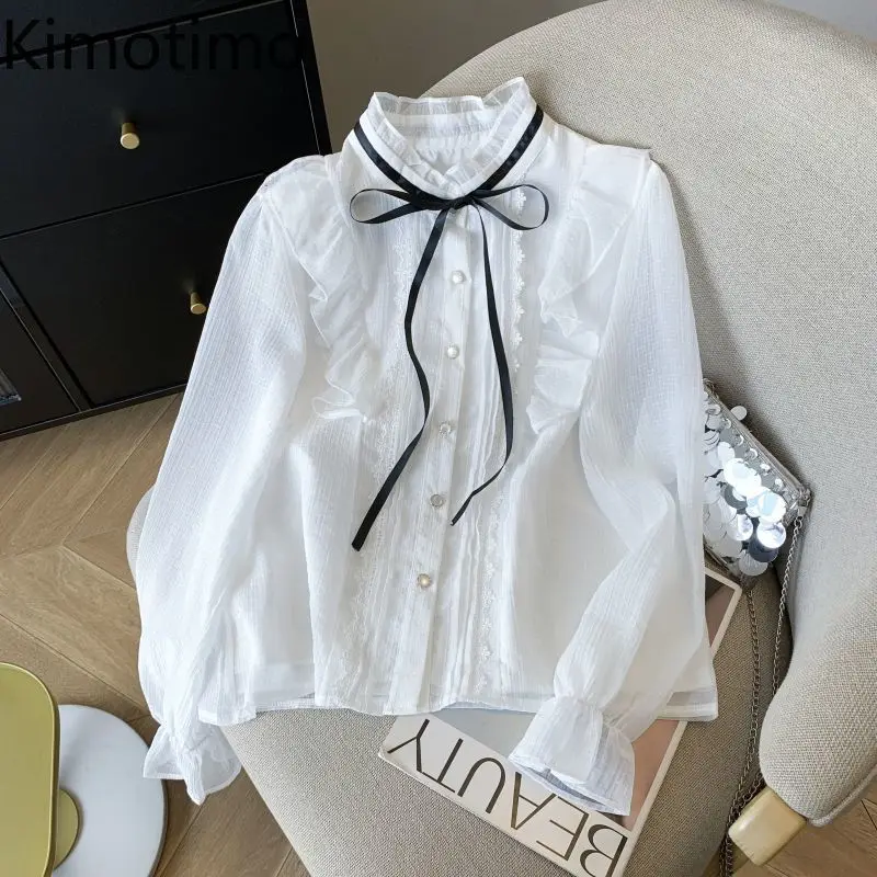Kimotimo Shirts Women Fairy Bow Bandage Ruffle Stand Collar Chiffon Blouses Autumn New Elegant Sweet Button Up Long Sleeve Tops
