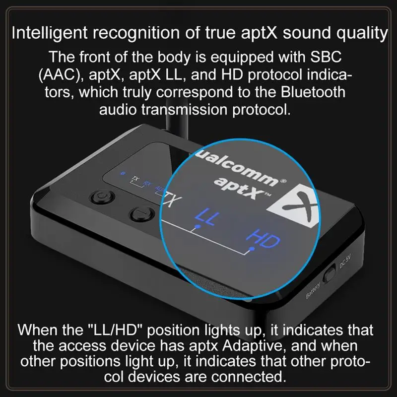 

Reliable-Bluetooth 5.2 Audio Transmitter Receiver 2 In 1 Aptx Adaptive With Optical, Coaxial, AUX 3.5M Bypass,Bluetooth 5.2