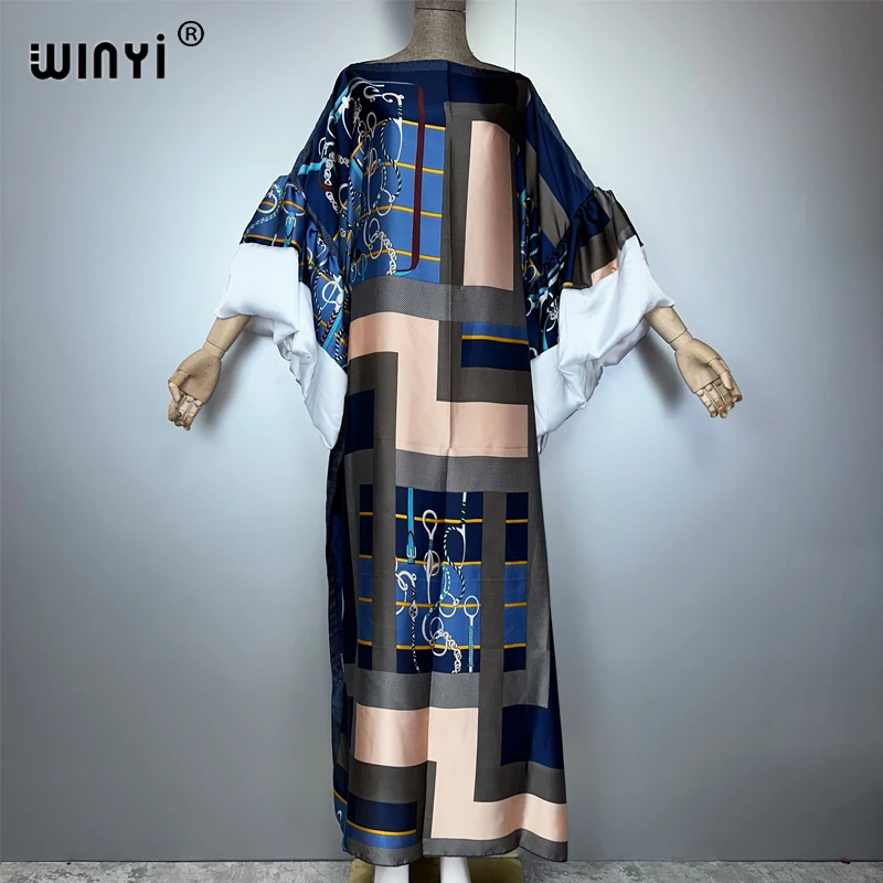 

WINYI новое летнее вечернее платье с пышными рукавами и рукавами, Абая Дубай, роскошное женское свободное кафтан с принтом, мусульманская женская одежда, пляжное платье