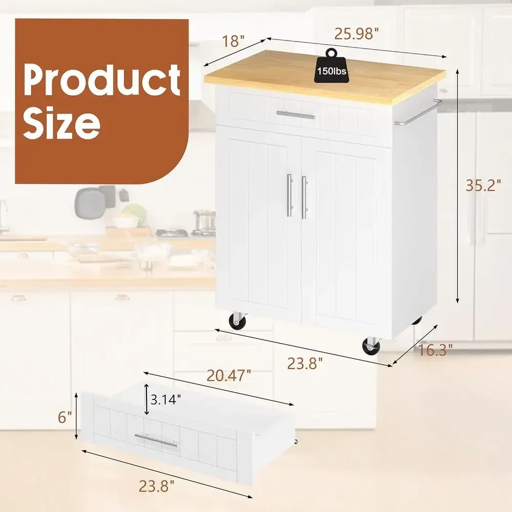 

26 White Portable Kitchen Island Cart with Storage, Lockable Wheels, Towel Rack & Open Shelves for Kitchen, Dining, Living Rooms