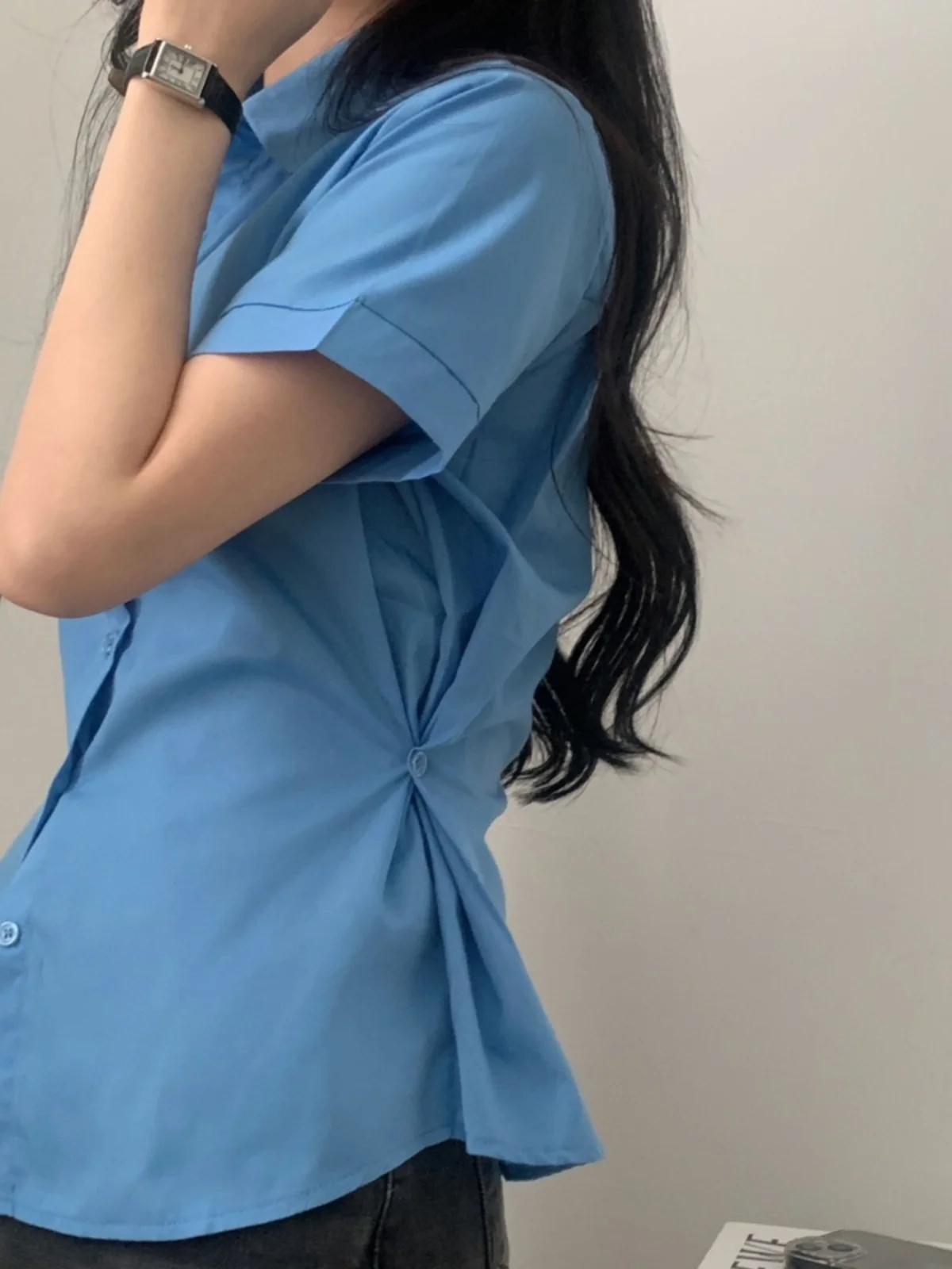 

White Slim Fit irt Women's Single Button ort Sve Blue Casual Sle Summer Top Ele Quali Straight Cut Ne