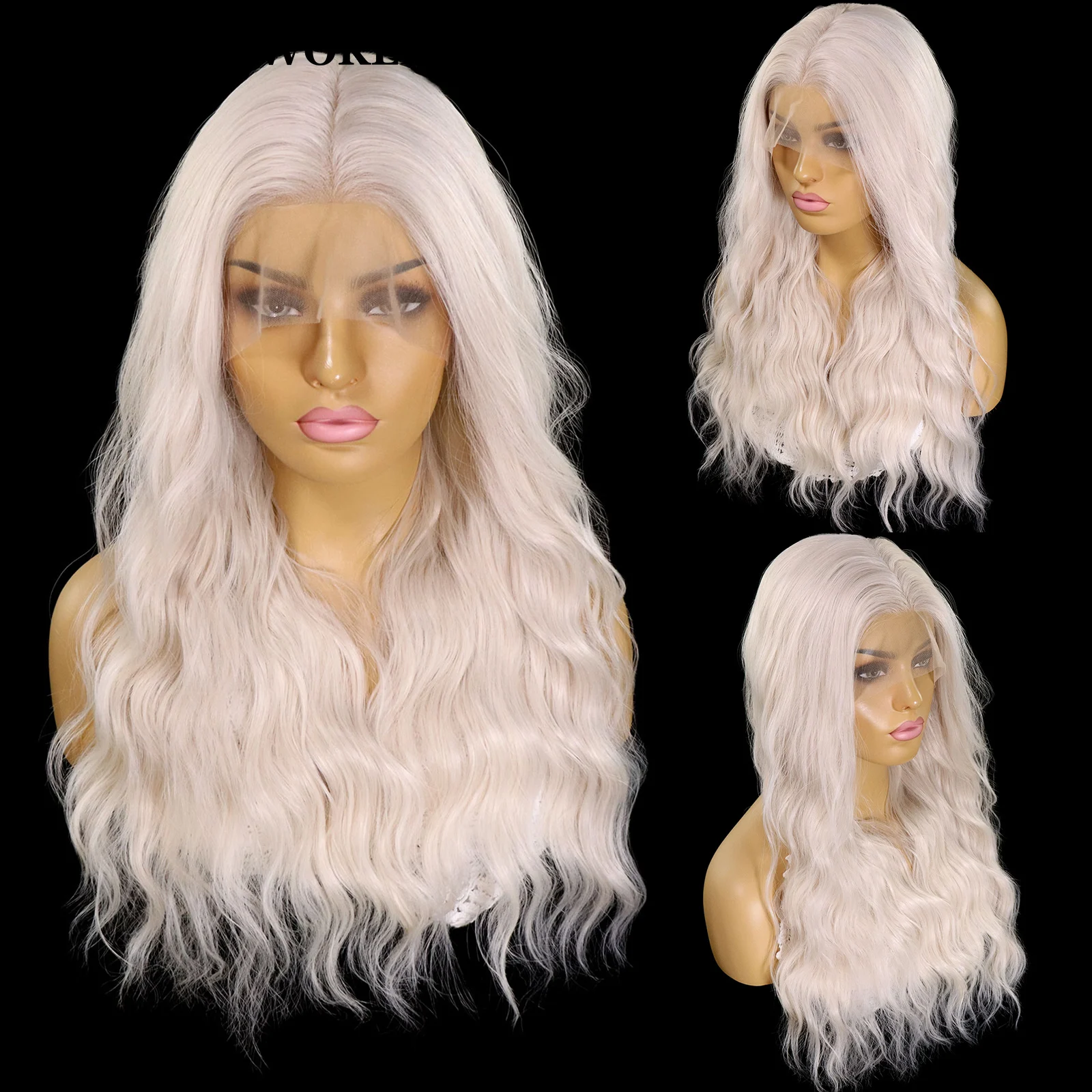 

Платиновый белый цвет Натуральные волнистые 13x3 Синтетические парики фронта шнурка для чернокожих женщин Косплей 26-дюймовый длинный глубокий волнистый фронтальный парик шнурка