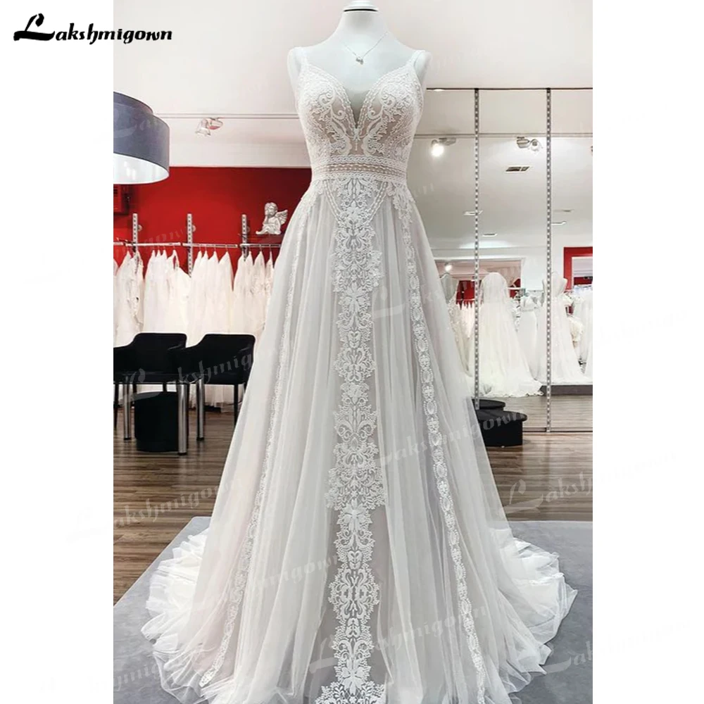 

Simply Long A-line Tulle Lace Wedding Dress Spaghetti Strap Open Back Sleeveless Floor-length Appliques Bride Dress Ruffles