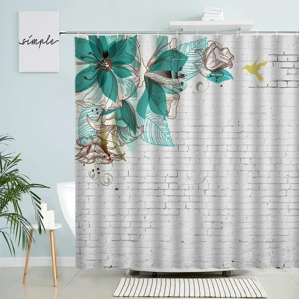 Floral Shower Curtain Lines Abstract Flower Plant Leaf Blue Green Retro Brick Wall Bathroom Decor With Hook Waterproof Screen