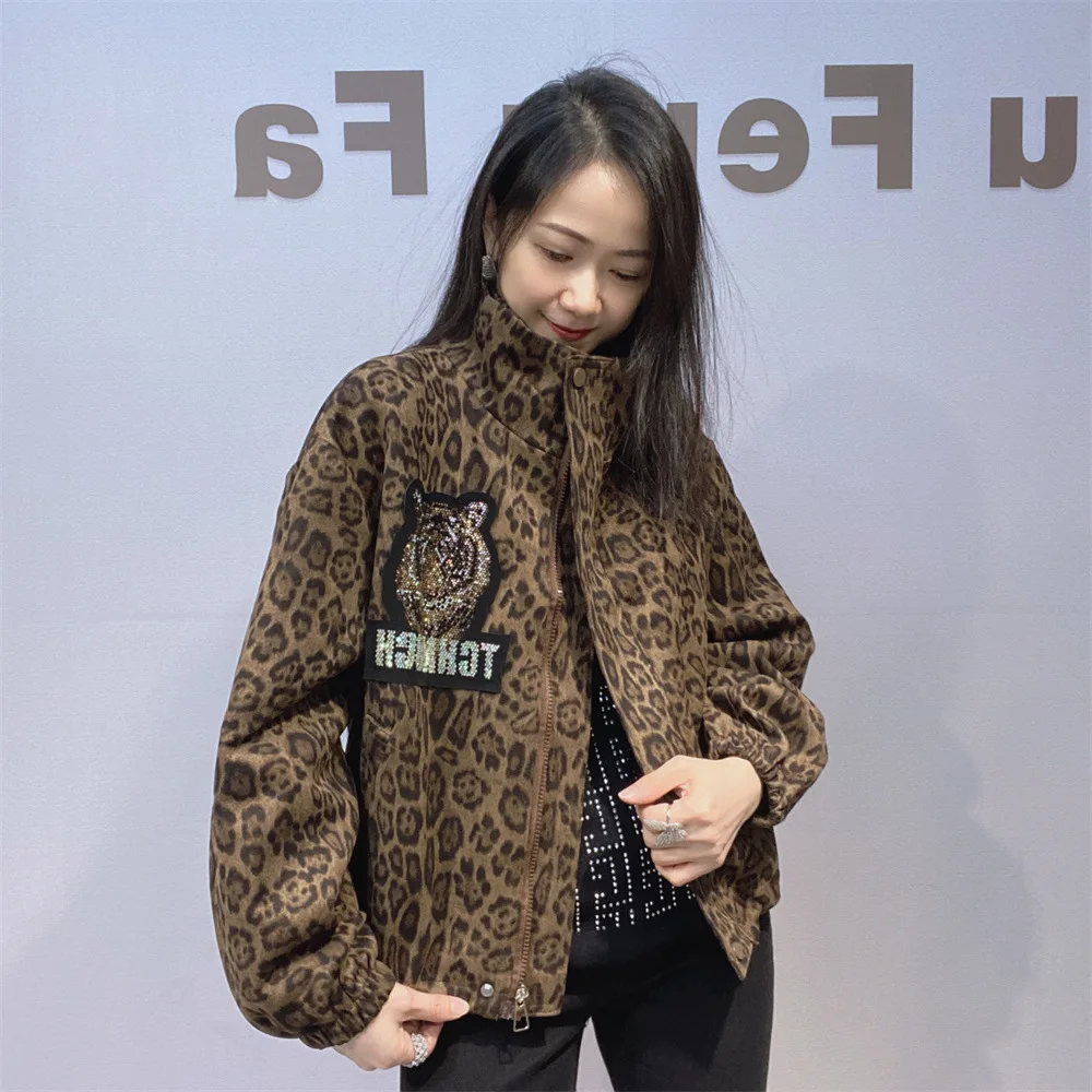 Autumn Winter New Fashion Leopard Print Drawstring Short Zipper Jacket Women's Trendy Brand Rhinestone Baseball Jacket Top Coat