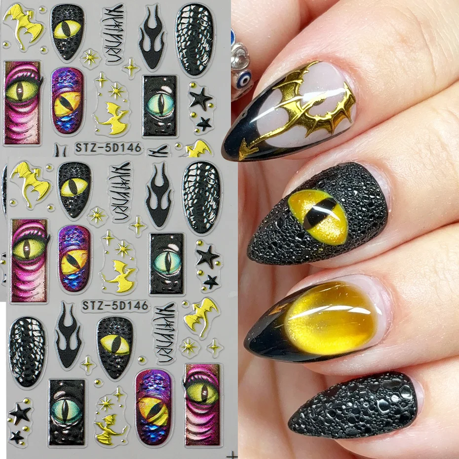 2 Stück 5D Geprägte Dämonenaugen-Nagelkunst-Aufkleber Gruselige Dämonenaugen & Sterne Gotische Halloween-Nagelkunst-Abziehbilder Dekorationen Zubehör