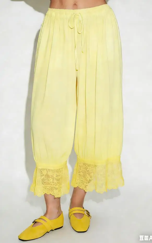Women Y2k Vintage Lace Bloomer Pants Drawstring Elastic Waist Capri Cropped Pants Summer Beach Vacation Pants ﻿