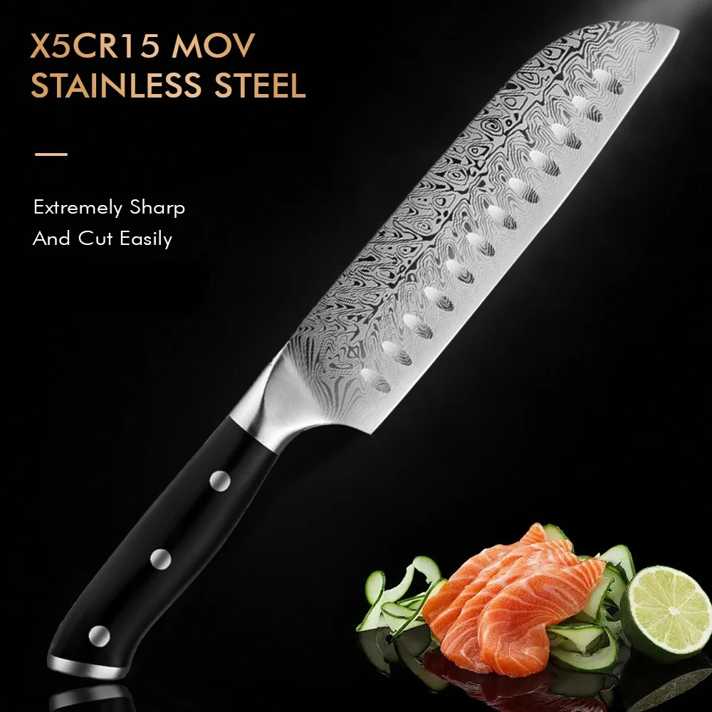 Japanese kitchen knife San De kitchen knife made of Damascus steel with patterns. Suitable for cutting meat vegetables and sushi