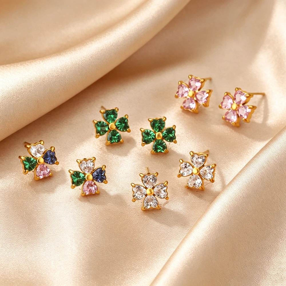 Farbige Zirkon-Ohrringe mit vierblättrigem Kleeblatt für Damen, vergoldeter Edelstahl, Herz-Ohrringe, Hochzeit, Party, Urlaub, Schmuck, Geschenk