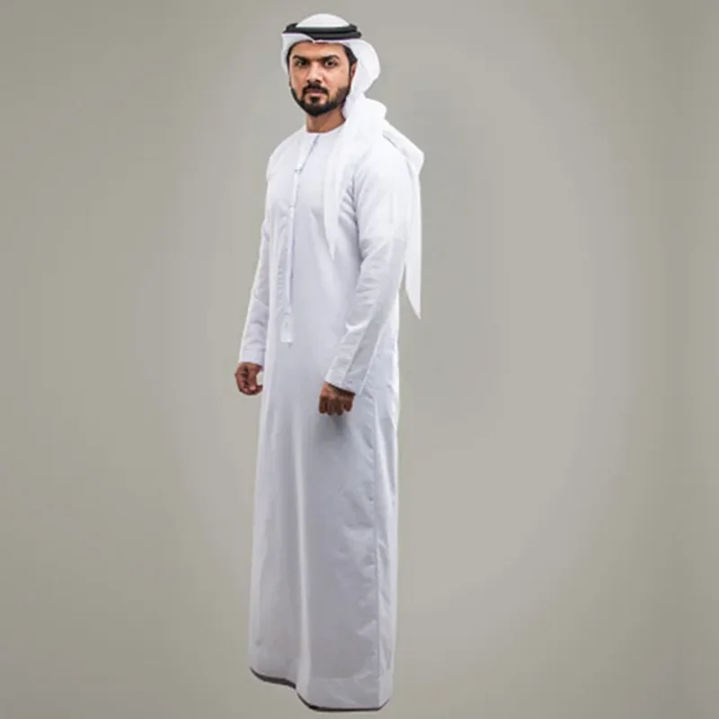 Jubba Thobe, traje nacional, roupas muçulmanas, veste branca, Dubai, Oriente Médio, islâmico, árabe, kaftan, moda de cabeça para homens de manga comprida