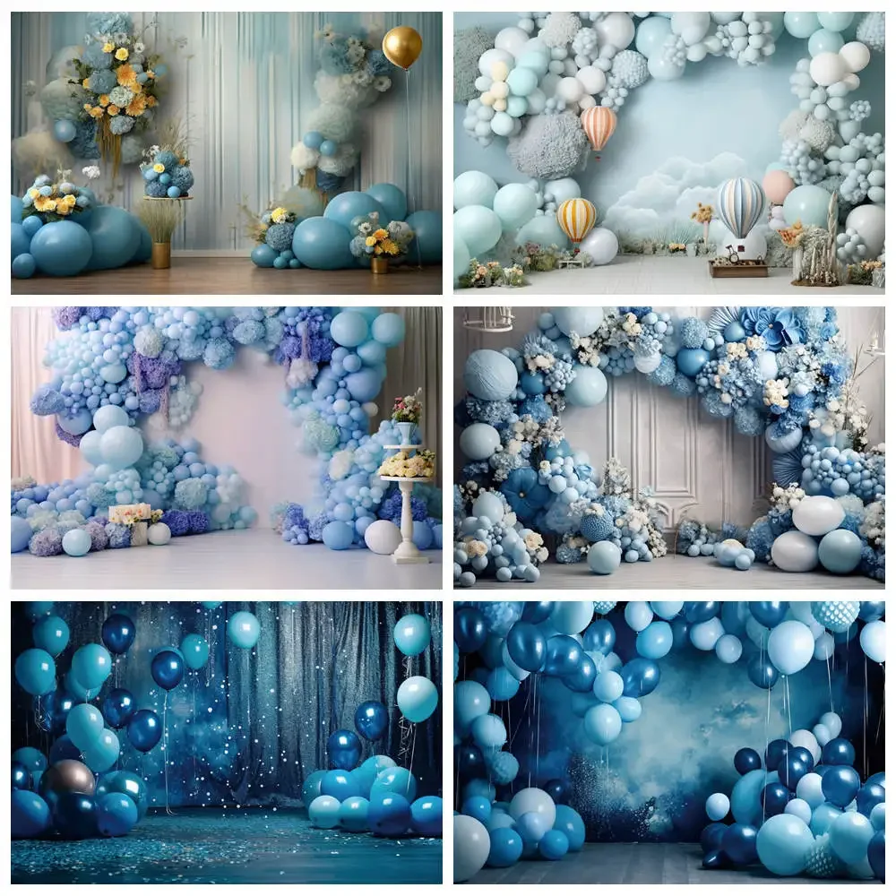 

Newborn Boy Blue Balloon Birthday Backdrop Oh Baby Shower Decorations Background Fringe Sequin Drapes Photography Props