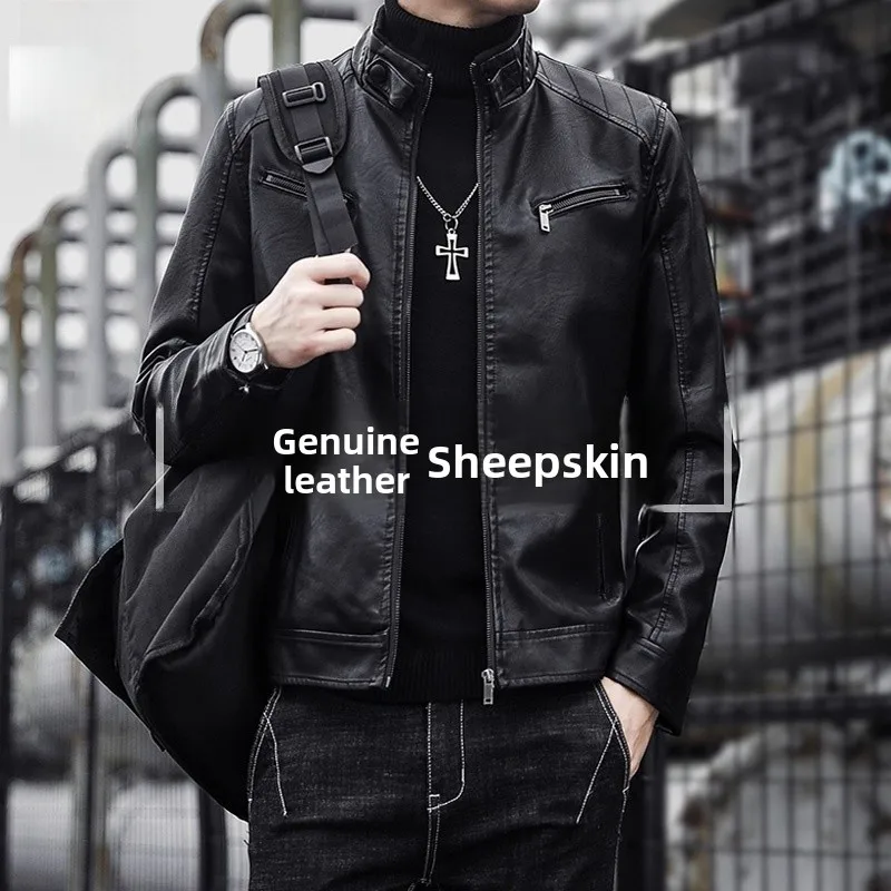 

Men's Retro Fce Lined PU Leather Jaet Autumn Winter Stand Collar Biker Jaet Trendy Versatile Faion Urban Sle