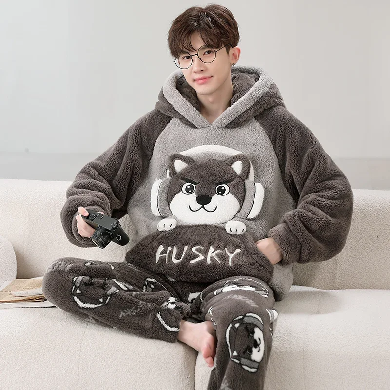 Winter Pajamas Sets Men Coral Fleece Male Sleepwear Thicken Pijamas Clothes Cartoon Dog Kawaii Pullover Night Wears for Wome