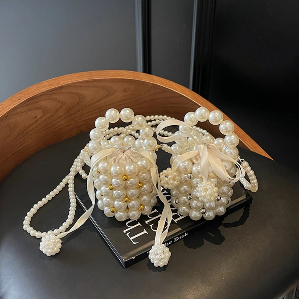 

Luxury Pearl Beaded Handbag Detachable Chain Mini Woven Bead Underarm Bag Handmade Elegant Small Storage Shoulder Bag Lady