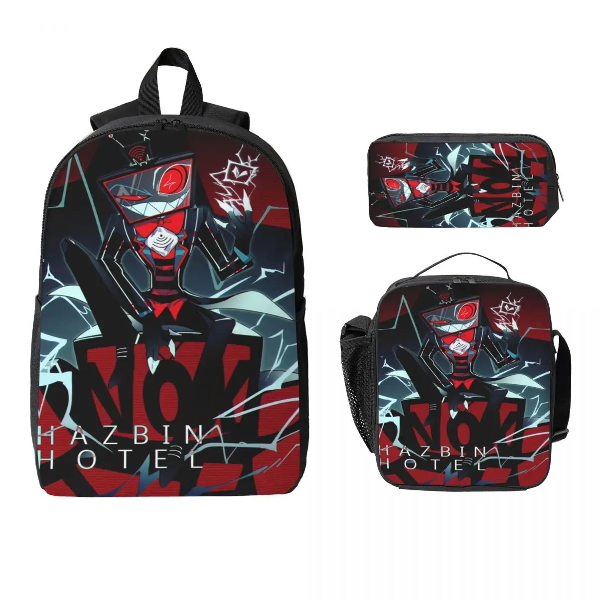 กระเป๋าเป้เด็ก Hazbines Hoteles Alastor Vox 2 พร้อมกล่องอาหารกลางวันและกระเป๋าใส่ปากกา สำหรับเด็กชายและเด็กหญิง ชุดกระเป๋าเป้ไปโรงเรียน