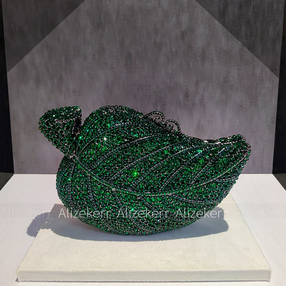 Alizekerr Leaf Shape Rhinestone Evening Bag Women Gorgeous Sparkly Diamond Metallic Clutch Purse And Handbag Wedding Party Prom