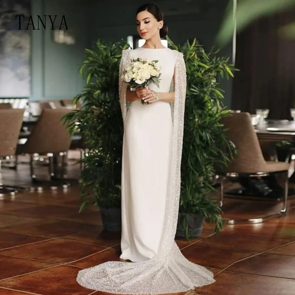 Soft Satin Wedding Dress With Detachable Shiny Cape Elegant Sheath Bridal Gown Custom Made Robe De Mariée TSWD084