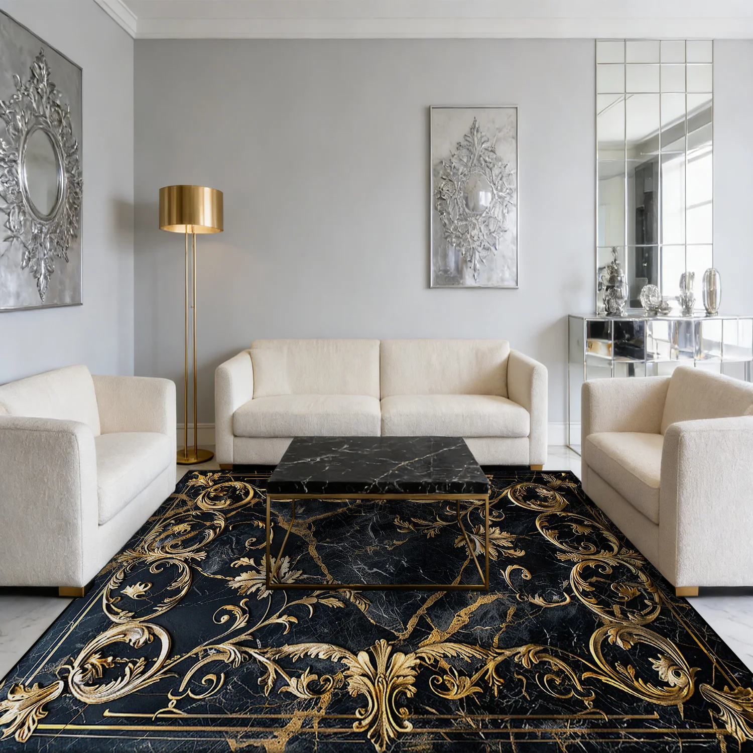 European Gold Black Large Carpet for Living Room Luxury Decoration Bedroom Area Rug Washable Marble Non-slip Alfombra Tatami Mat