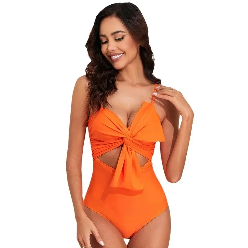 Women Orange Quick Dry One-piece Swimwear Bow Tie Design Secy Fashion Padded Bikini Swimsuit 7-5