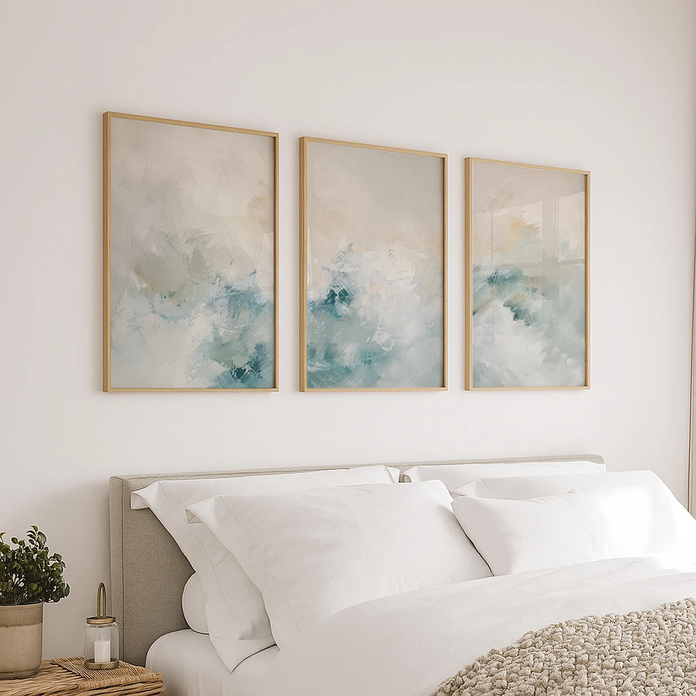 Set of 3 Abstract Wall Art Canvas Prints Beige Blue Texture Painting Poster Modern Neutral Living Room Decor Modern Home