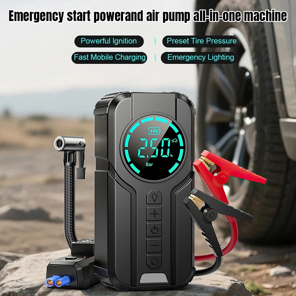 1000A Peak Car Jump Starter 6000mAh Power Bank Built-in 100PSI Tire Inflator Type-C Fast Charging LED Emergency Light 12V Jump B