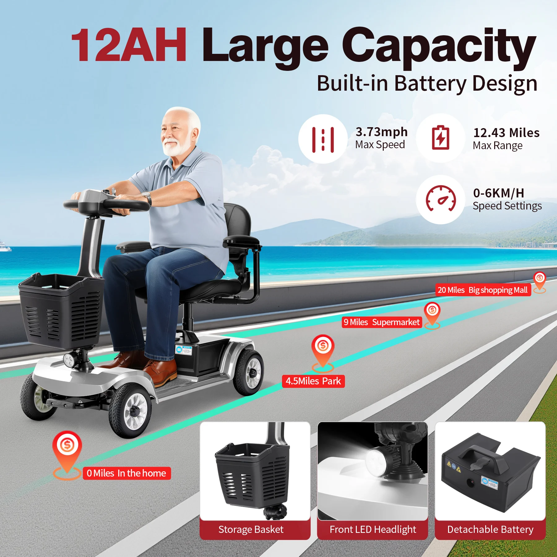 Unificare Foldable 4 Wheel Electric Mobility Scooter for Seniors 12AH Detachable Battery 3 73MPH Max Speed 12 4 Miles Range All Terrain 8 Puncture Proof Solid Tire with Basket Electromagnetic Brake for Travel Shopping