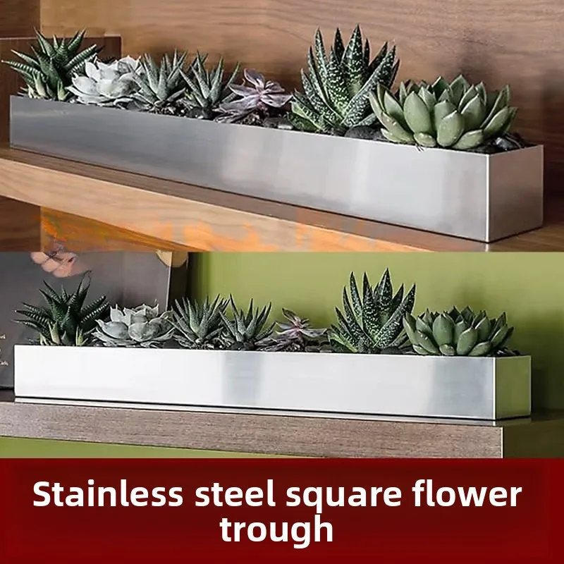 Stainless Steel Planter Box Rectangular Flower Trough Balcony Hydroponic Succulent Pot Indoor Outdoor Garden Decor