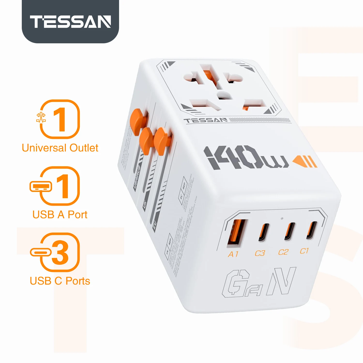 TESSAN 140 W 100 W 65 W 35 W internationale stekkeradapter GaN reisadapter met universeel stopcontact 1 USB A 3 Type C snellader voor EU/UK/USA/AUS