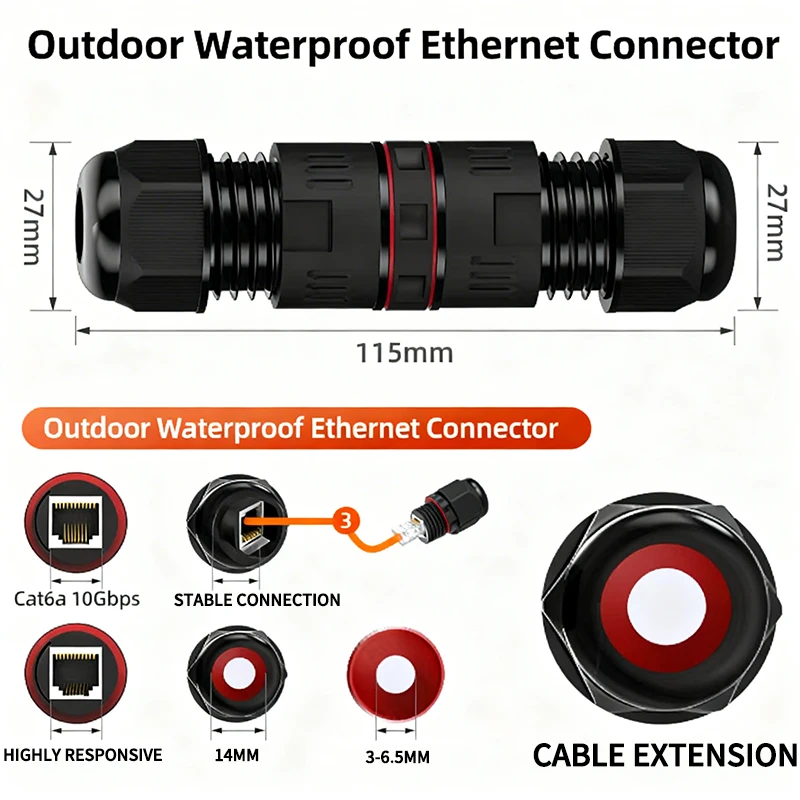 IP68 Waterproof RJ45 Ethernet Coupler, Cat6A Shielded 10Gbps Network Cable Extender for Outdoor LAN and Security Camera