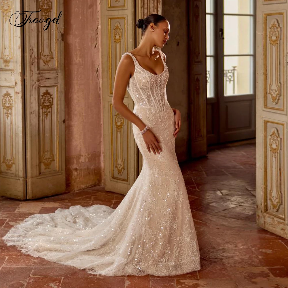 

Индивидуальные свадебные платья-русалки с вырезом «сердечко», без рукавов, кружевные, расшитые бисером и пайетками, блестящие (Vestido De Novia, Robe De Mariee)