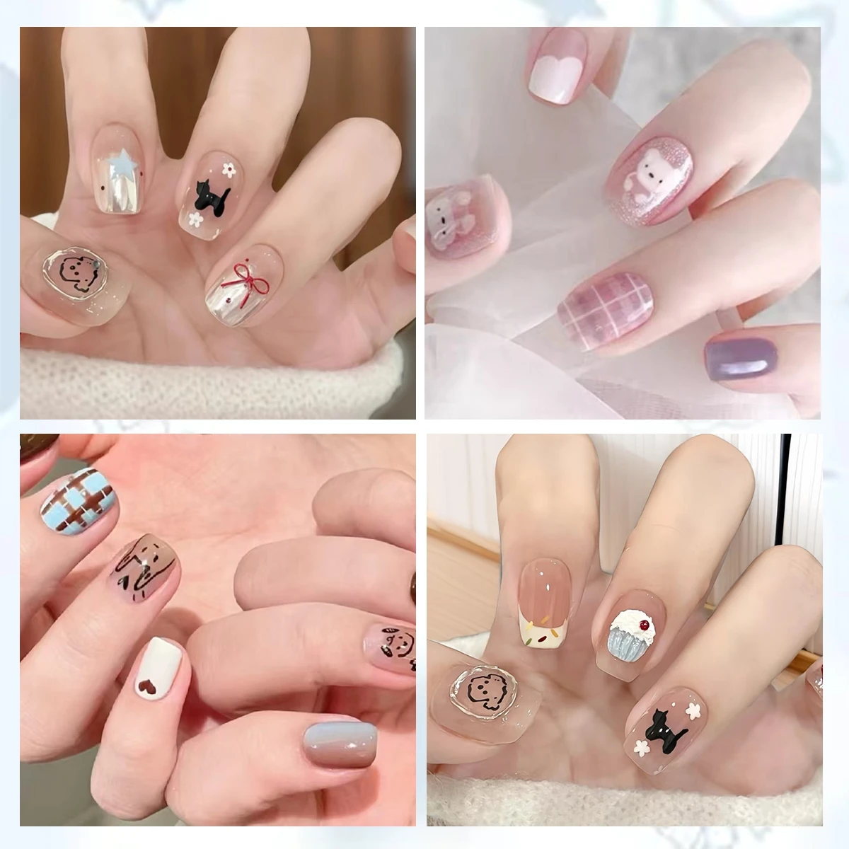 3/6/12 Blatt süße Nagelaufkleber 5D Cartoon Hase Katze Bär Essen Herz Schleife Gelee geprägt selbstklebende Kawaii Nail Art Aufkleber