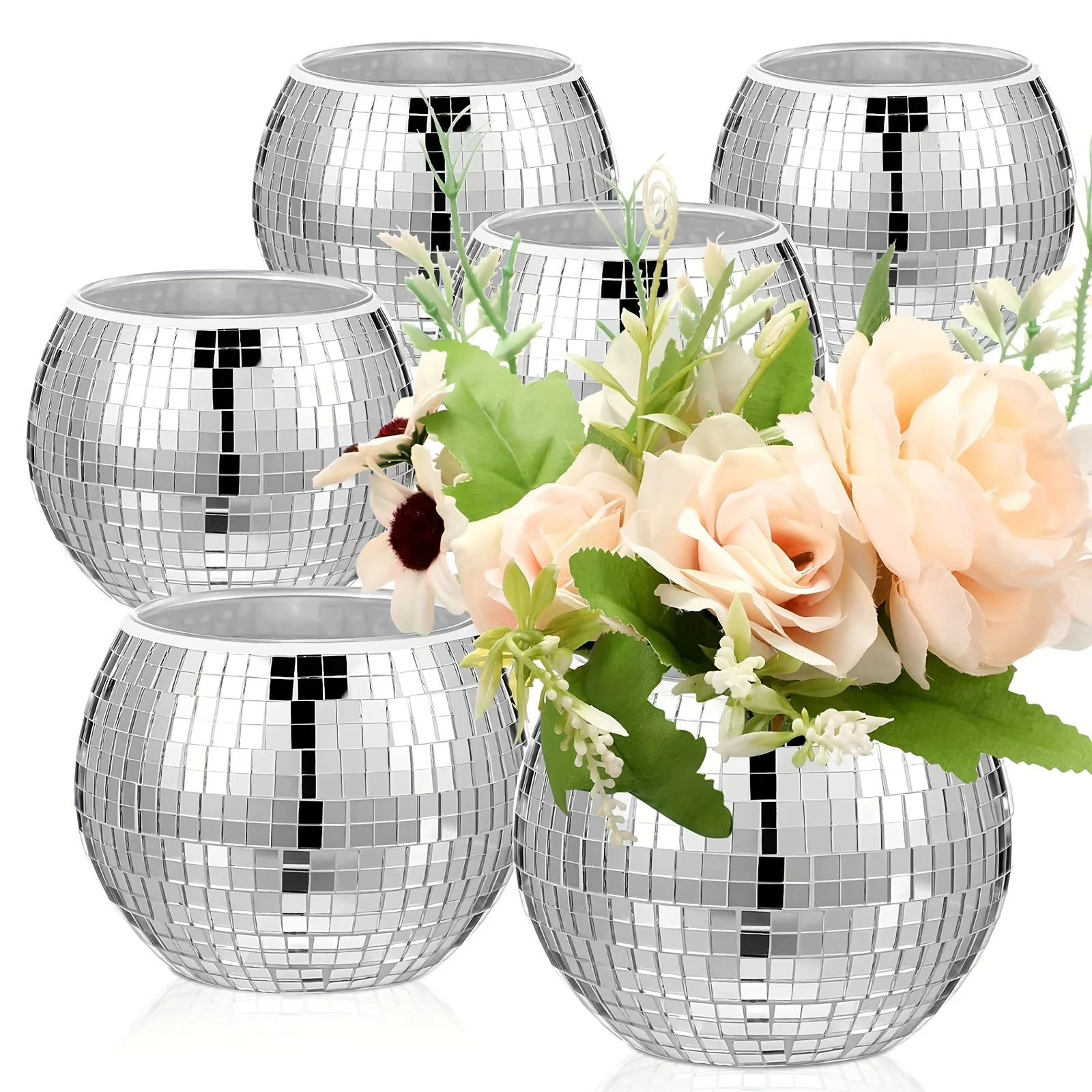 Silver Glass Vase Disco Ball Flower Vase Mirror Candle Holder New Year Decoration Wedding Centerpieces Birthday Party Ornament